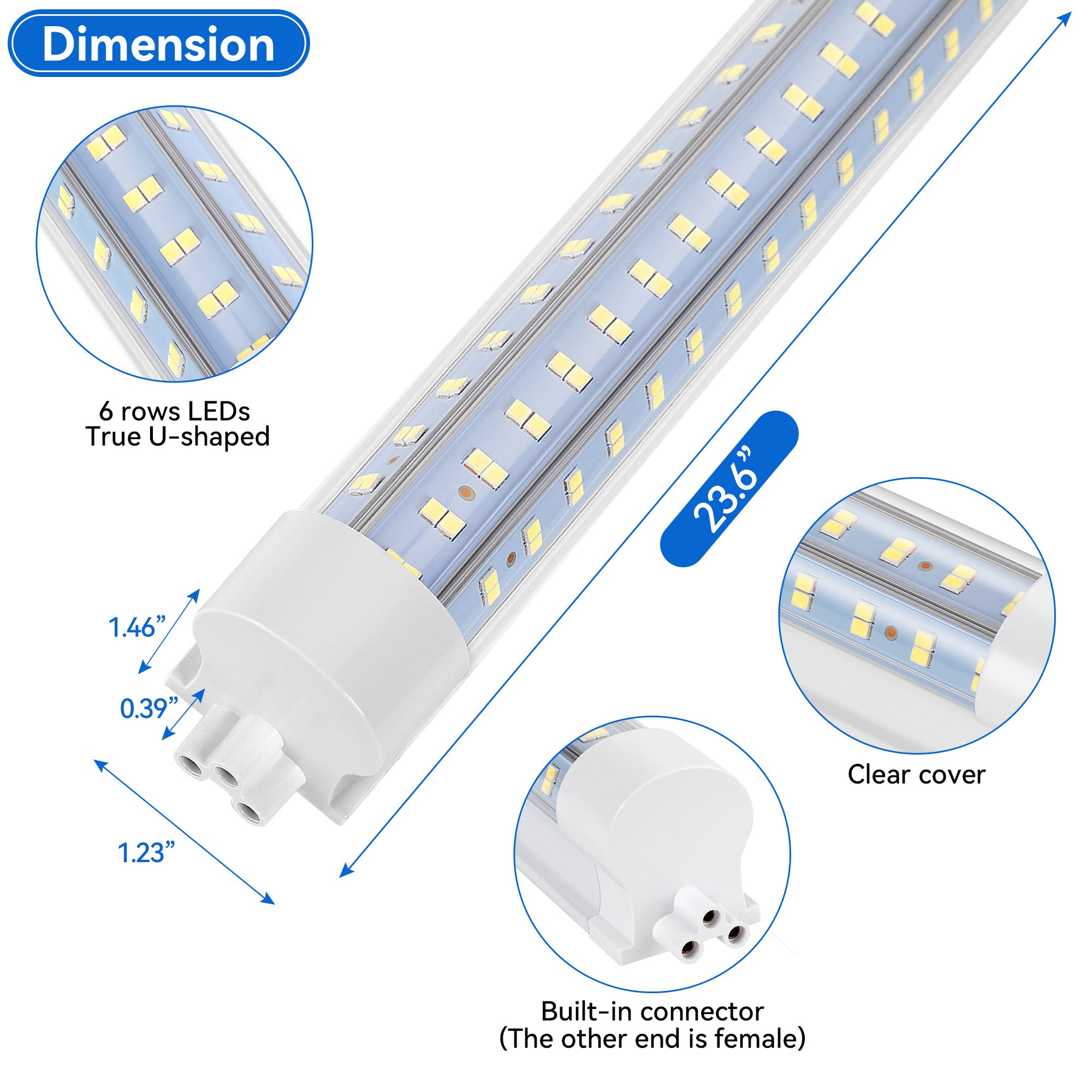 2ft LED Shop light U shape dimension